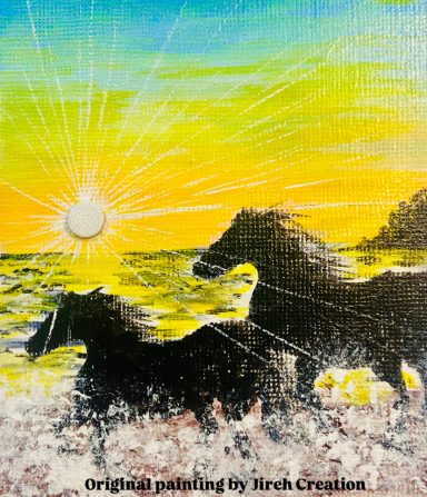Seascape with rocks under a bright sun and vibrant sky in shades of blue and yellow.